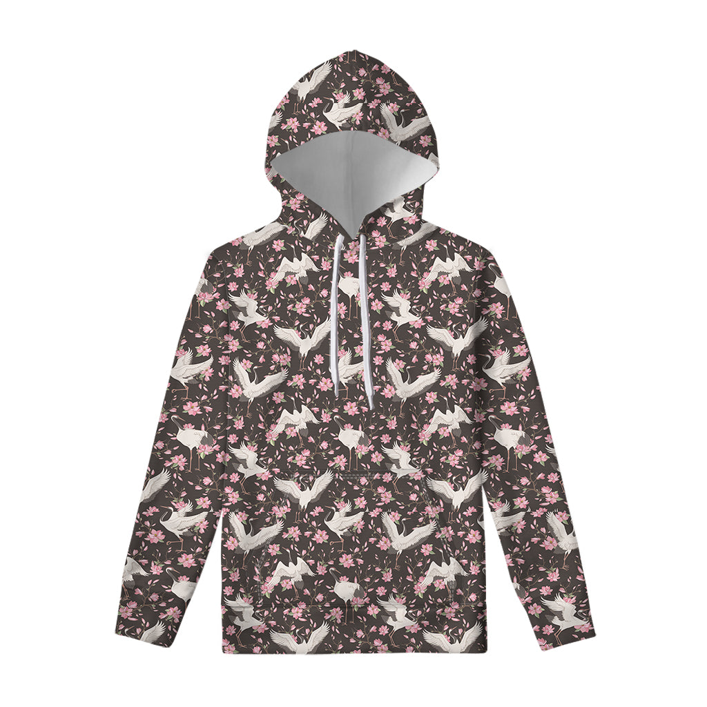 Crane Bird And Flower Pattern Print Pullover Hoodie