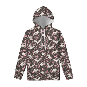 Crane Bird And Flower Pattern Print Pullover Hoodie