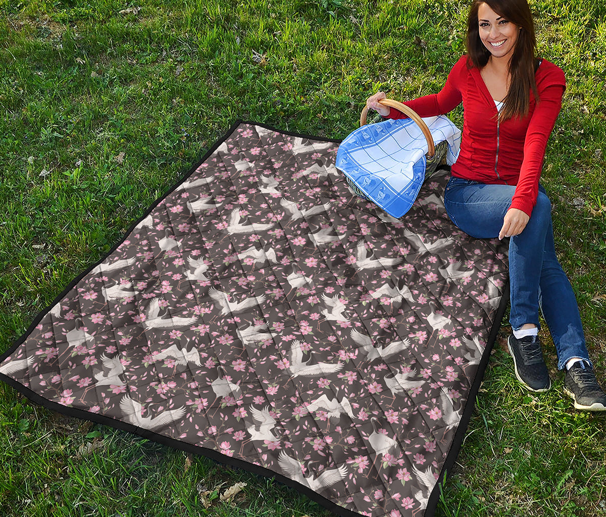 Crane Bird And Flower Pattern Print Quilt