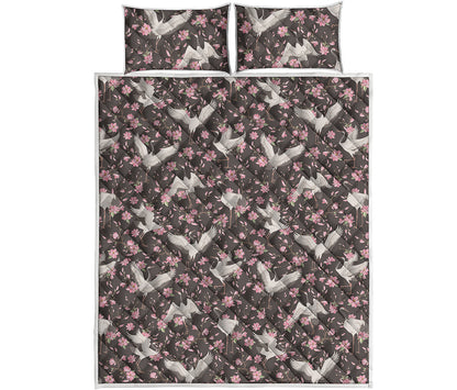 Crane Bird And Flower Pattern Print Quilt Bed Set