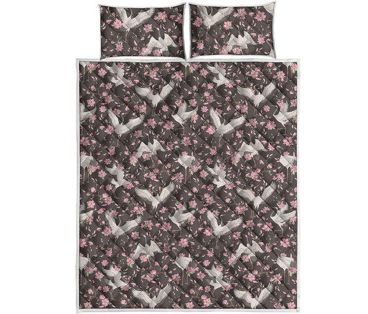 Crane Bird And Flower Pattern Print Quilt Bed Set