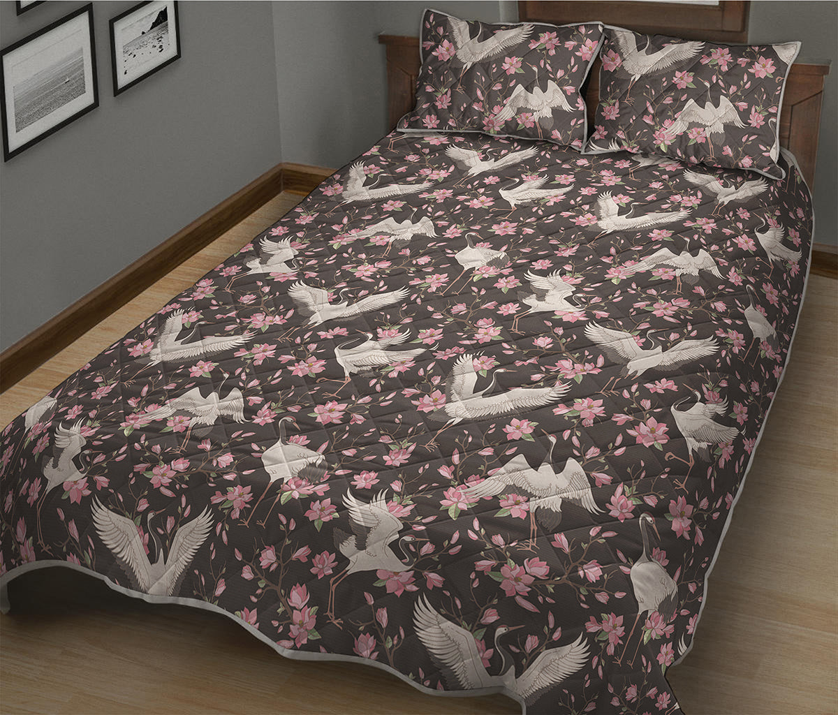 Crane Bird And Flower Pattern Print Quilt Bed Set