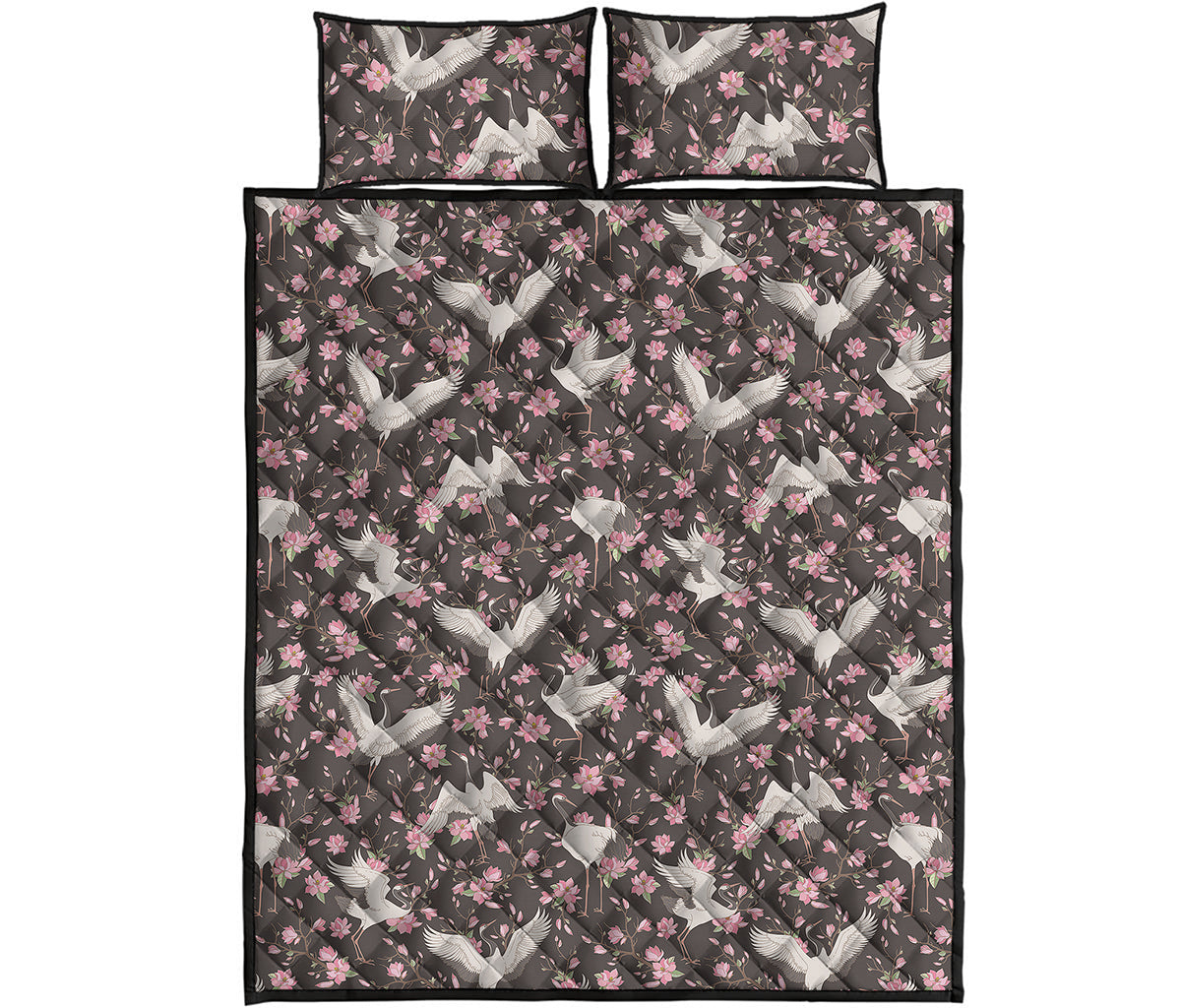 Crane Bird And Flower Pattern Print Quilt Bed Set