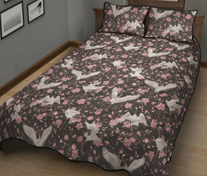 Crane Bird And Flower Pattern Print Quilt Bed Set