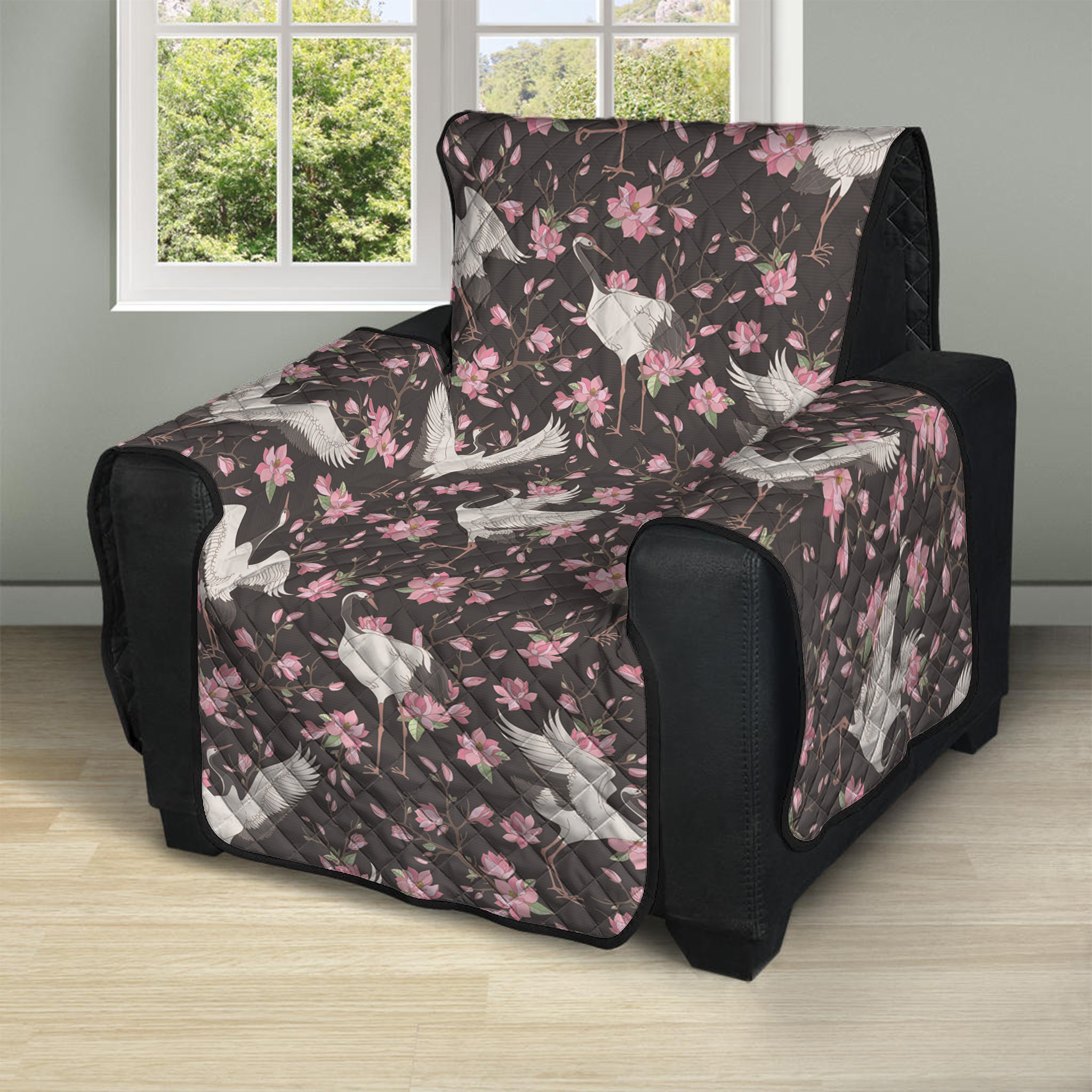 Crane Bird And Flower Pattern Print Recliner Protector