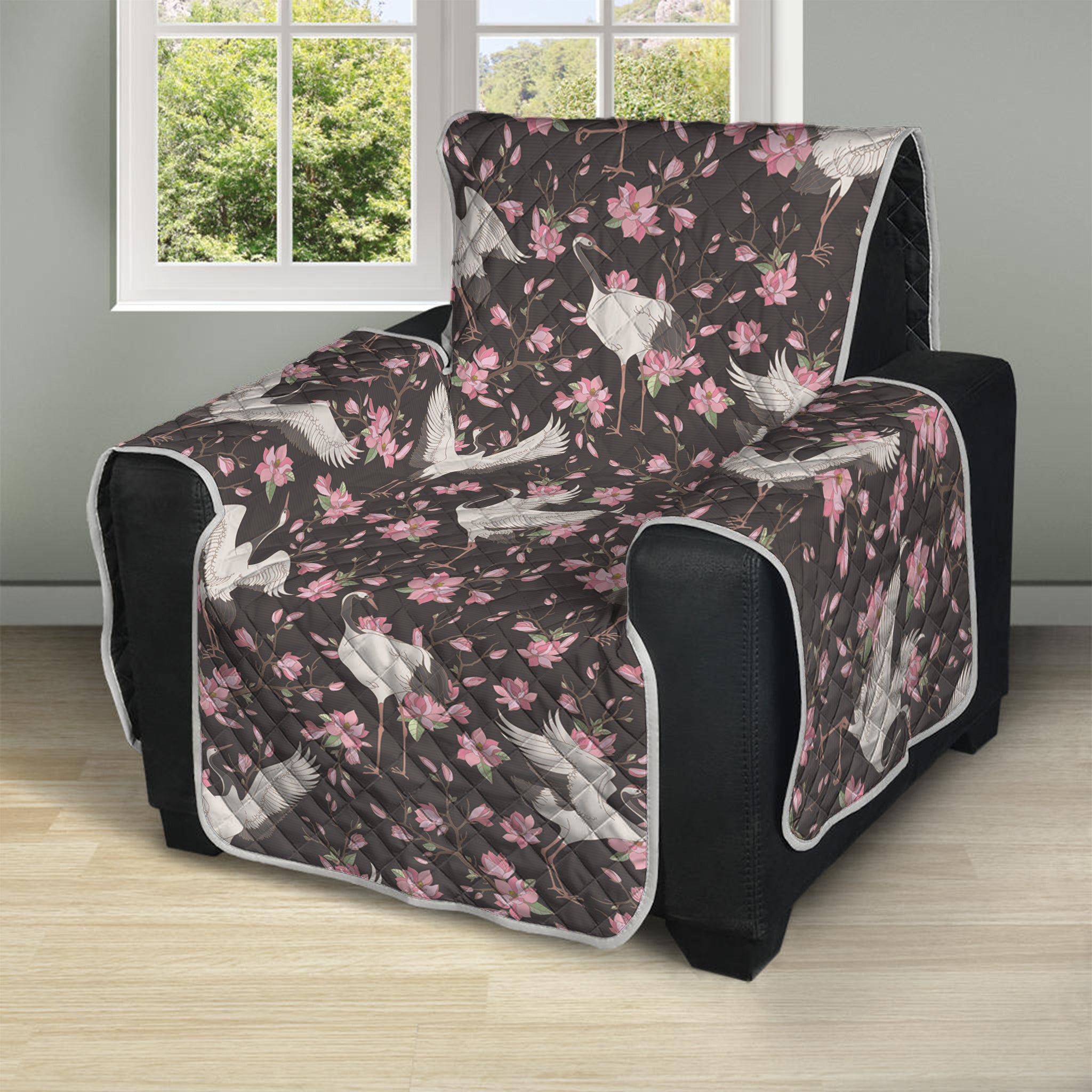 Crane Bird And Flower Pattern Print Recliner Protector