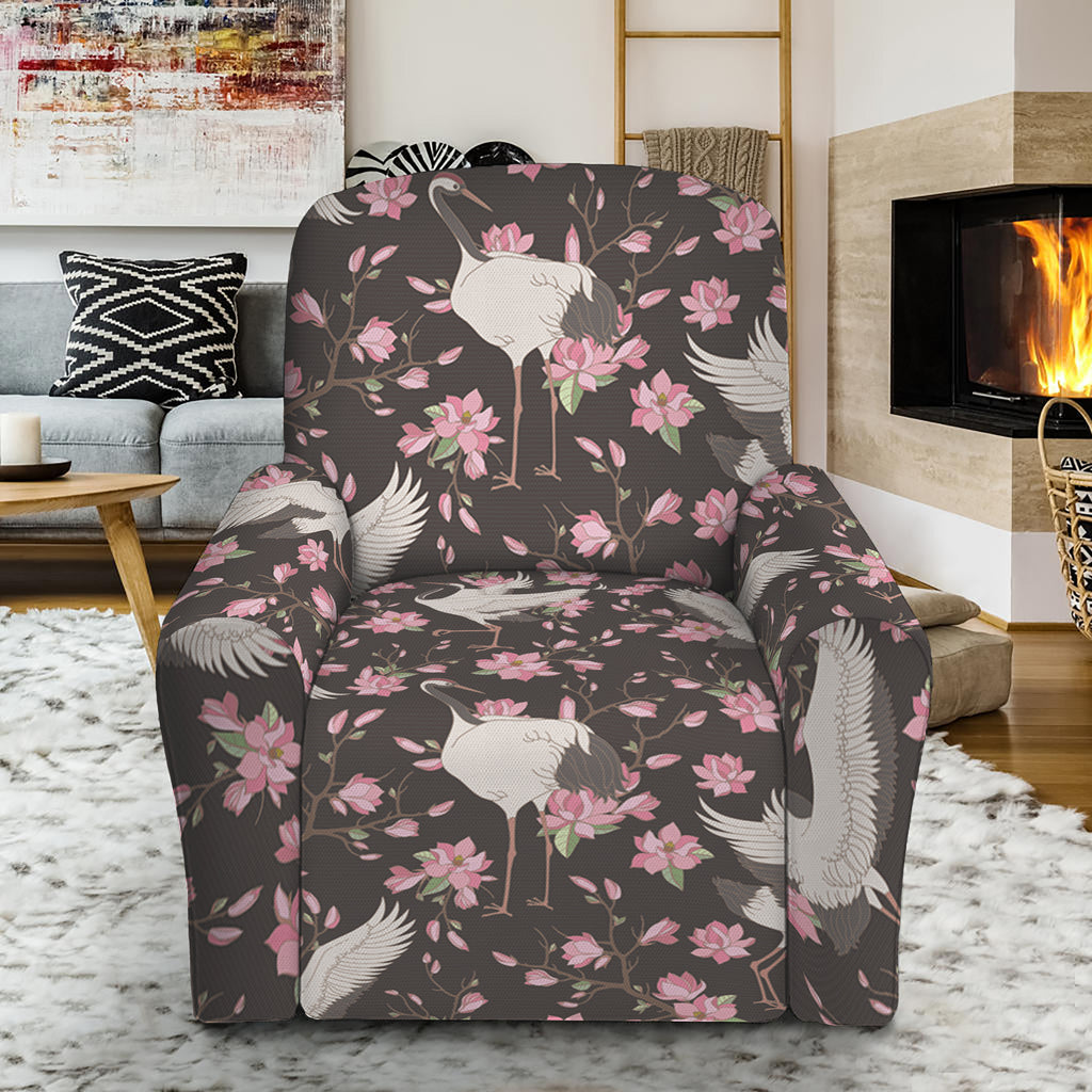 Crane Bird And Flower Pattern Print Recliner Slipcover