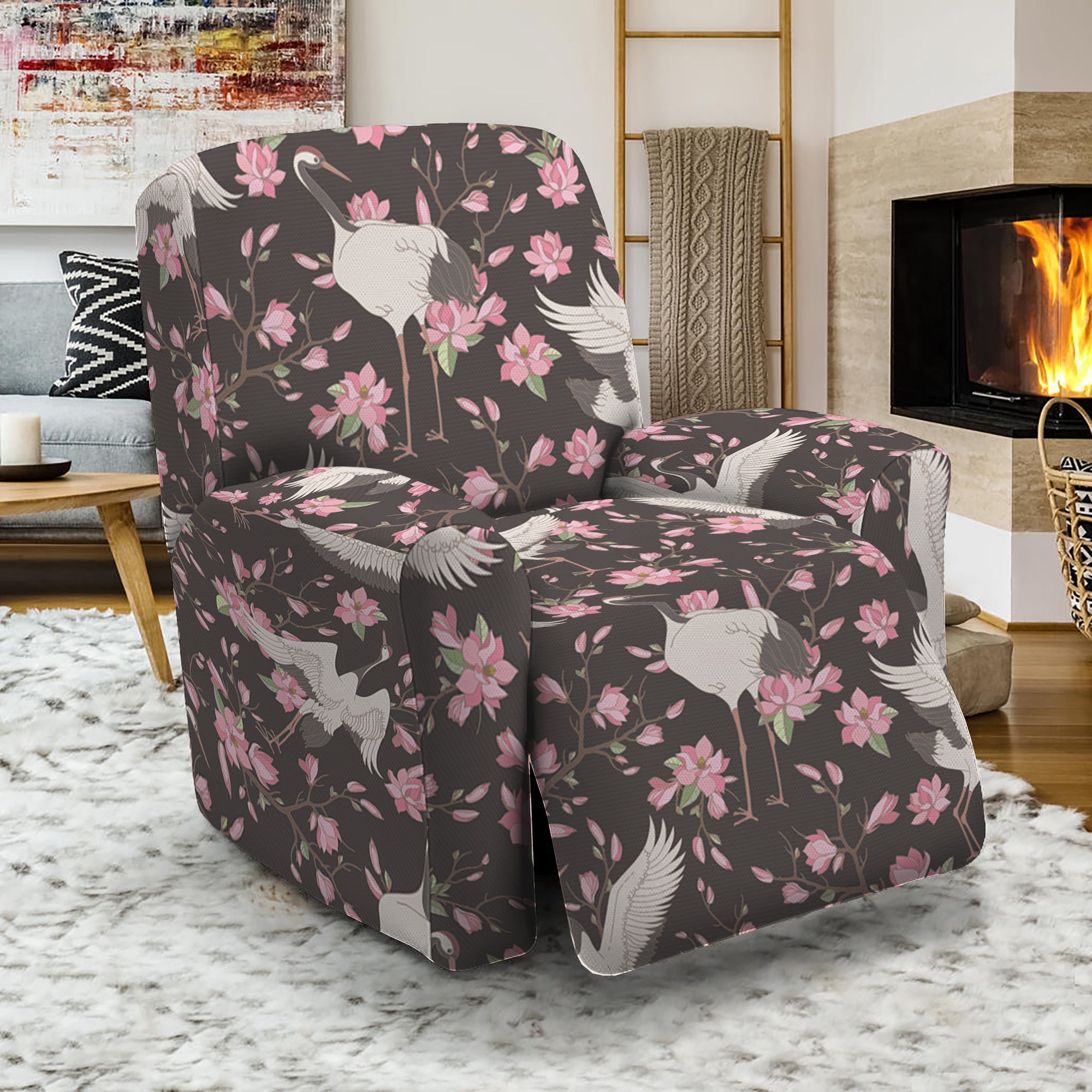 Crane Bird And Flower Pattern Print Recliner Slipcover