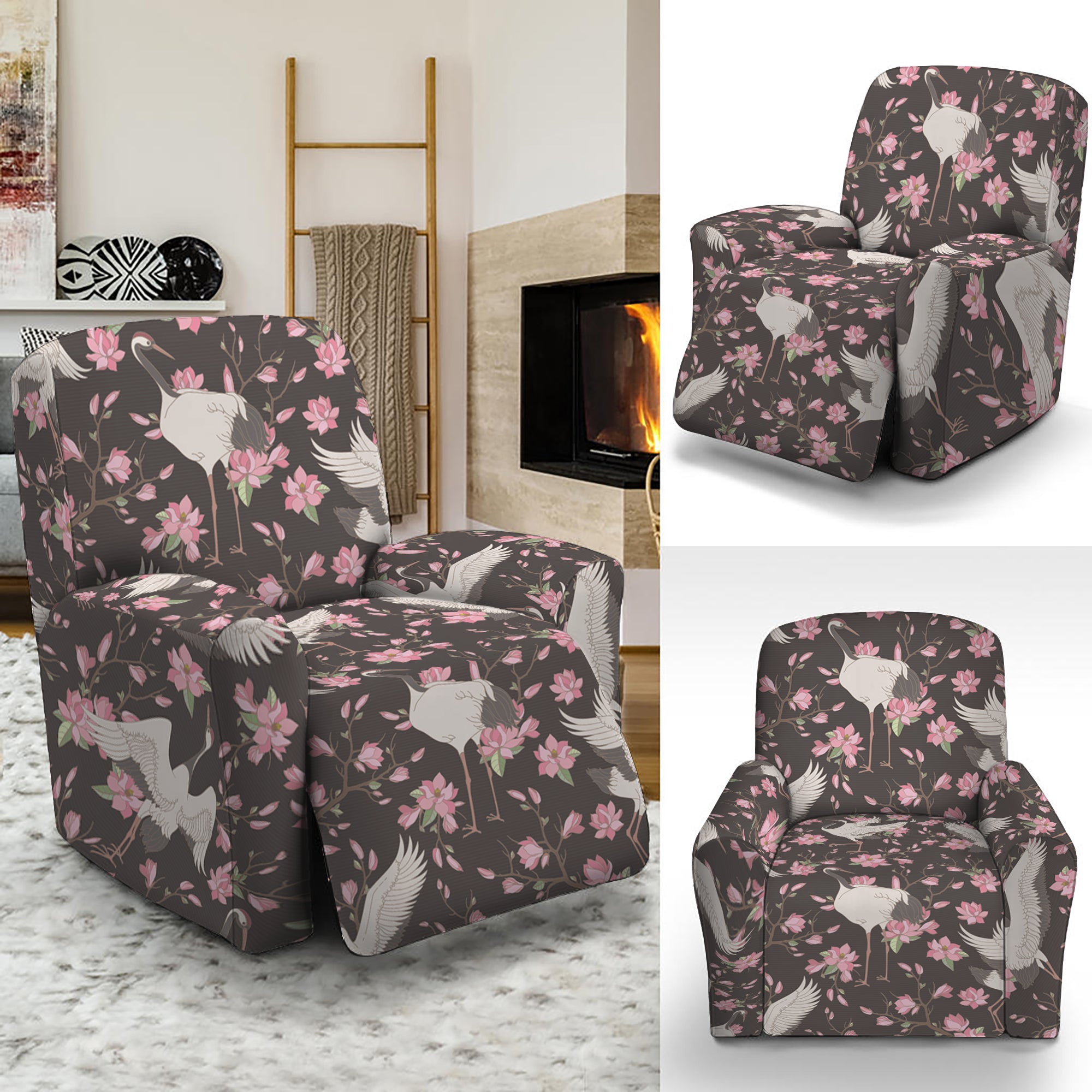 Crane Bird And Flower Pattern Print Recliner Slipcover