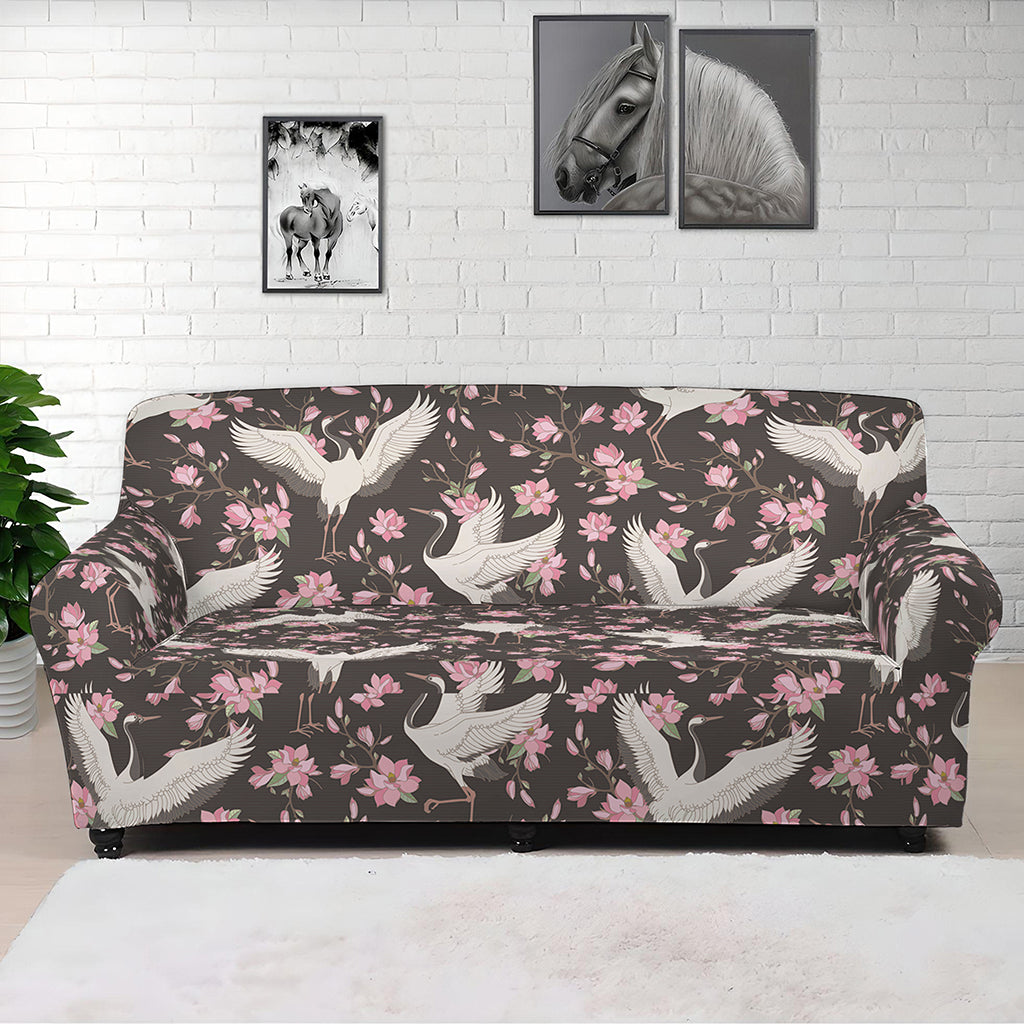 Crane Bird And Flower Pattern Print Sofa Cover