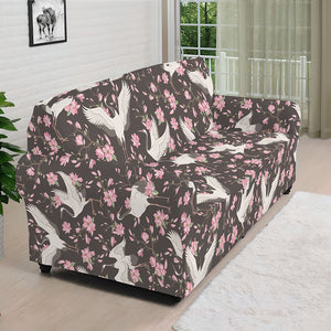 Crane Bird And Flower Pattern Print Sofa Cover