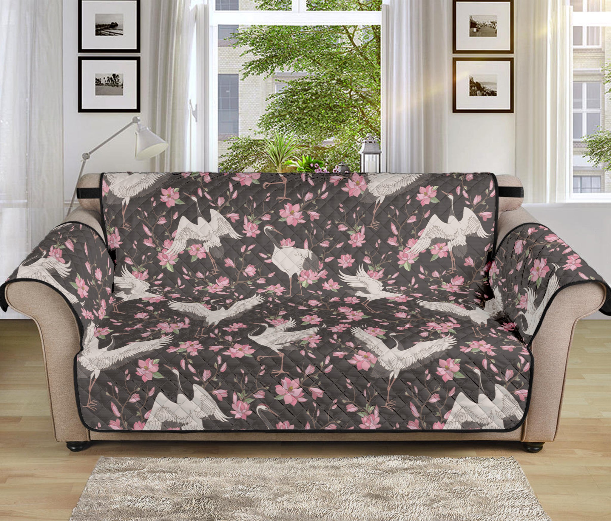 Crane Bird And Flower Pattern Print Sofa Protector