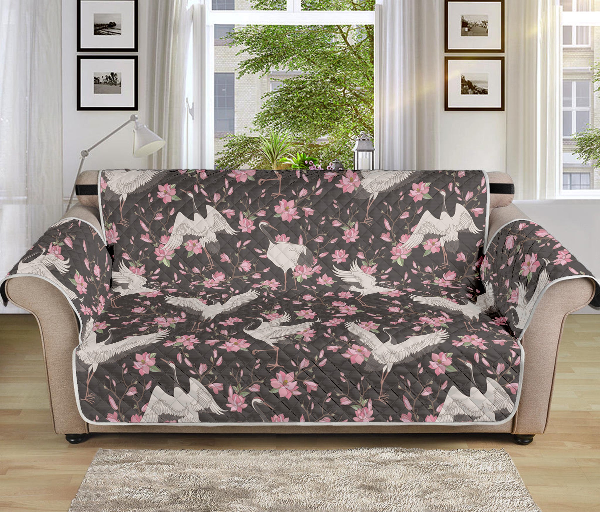 Crane Bird And Flower Pattern Print Sofa Protector