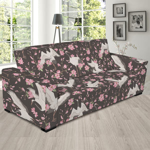 Crane Bird And Flower Pattern Print Sofa Slipcover