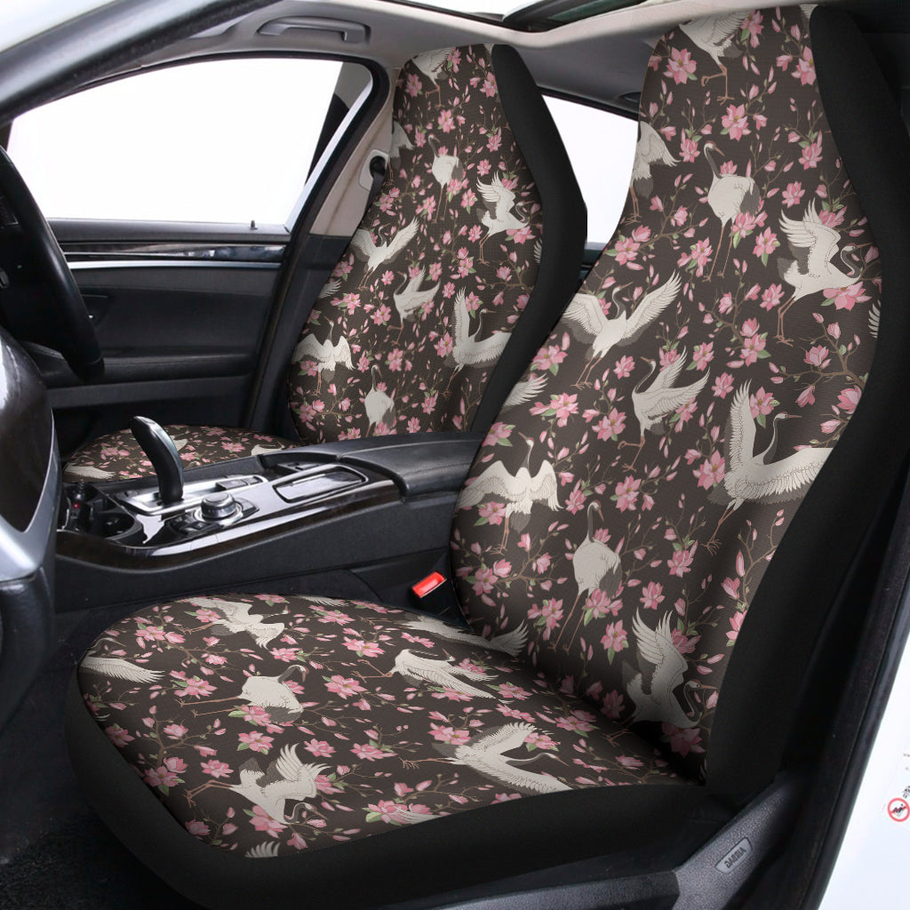 Crane Bird And Flower Pattern Print Universal Fit Car Seat Covers