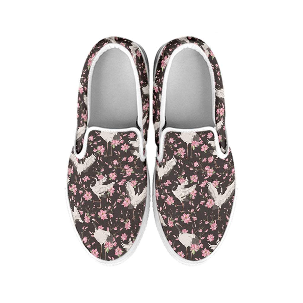 Crane Bird And Flower Pattern Print White Slip On Shoes