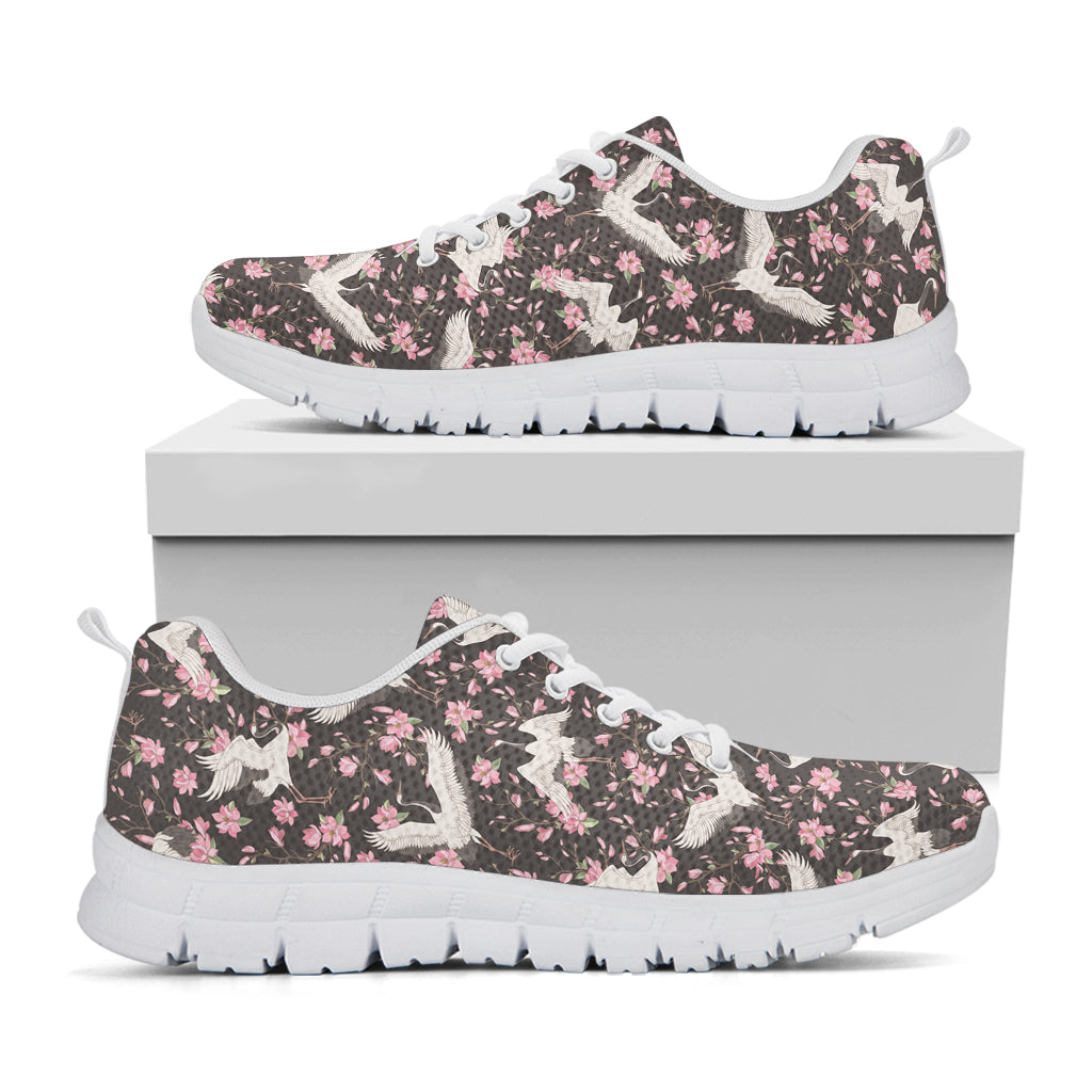 Crane Bird And Flower Pattern Print White Sneakers