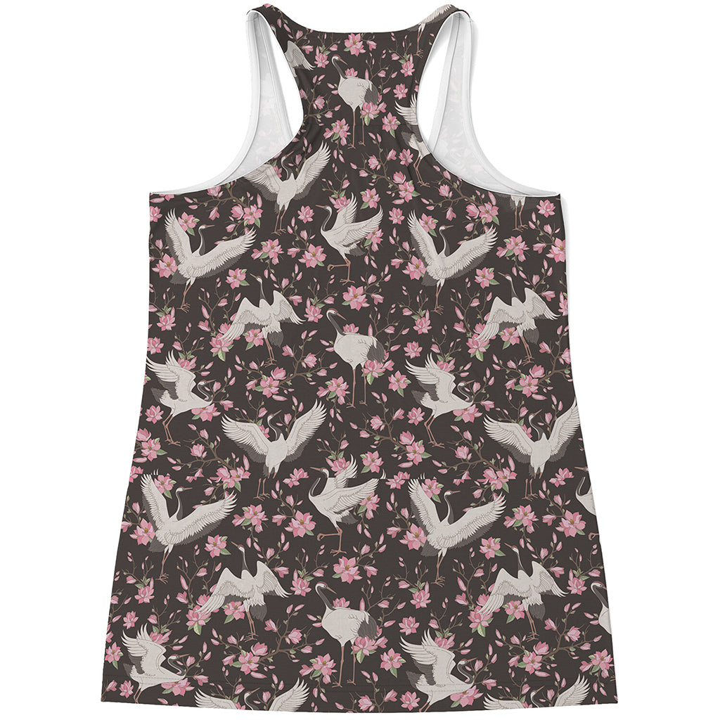 Crane Bird And Flower Pattern Print Women's Racerback Tank Top