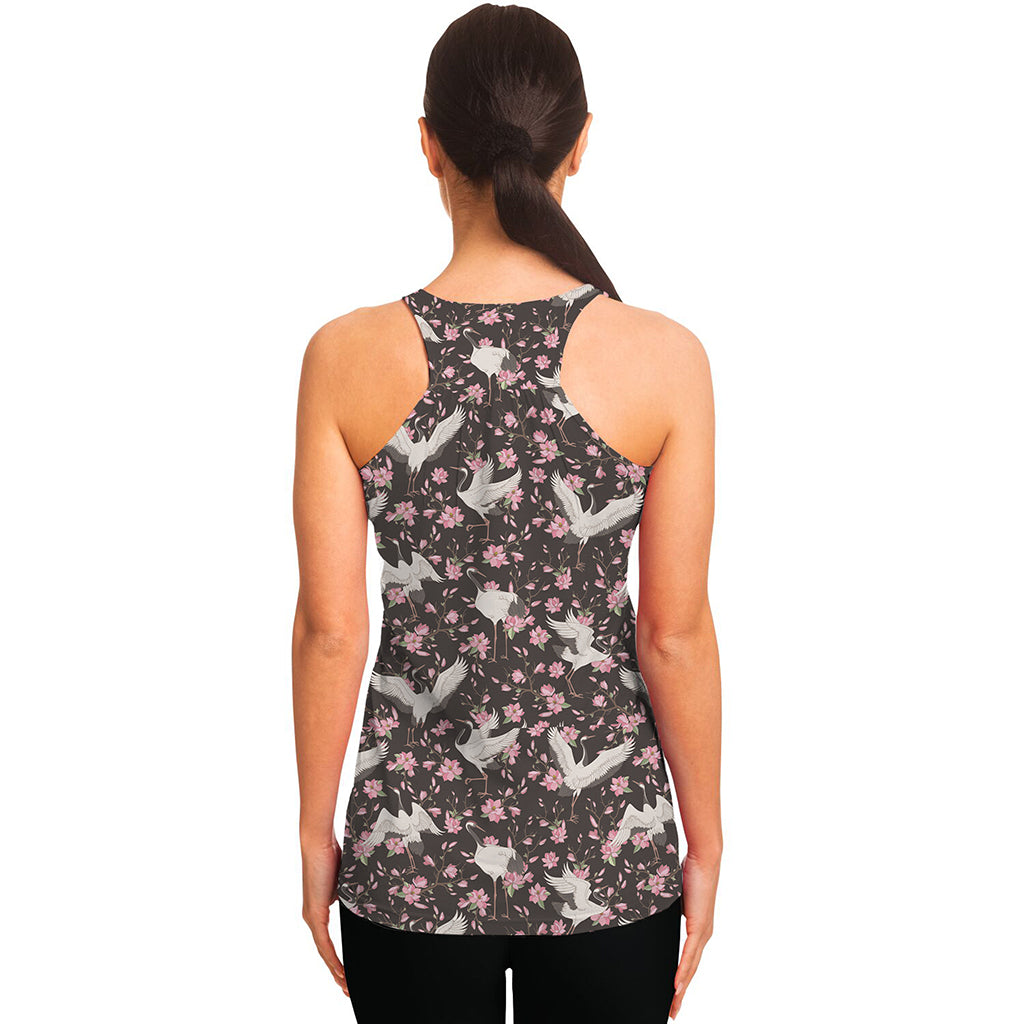 Crane Bird And Flower Pattern Print Women's Racerback Tank Top