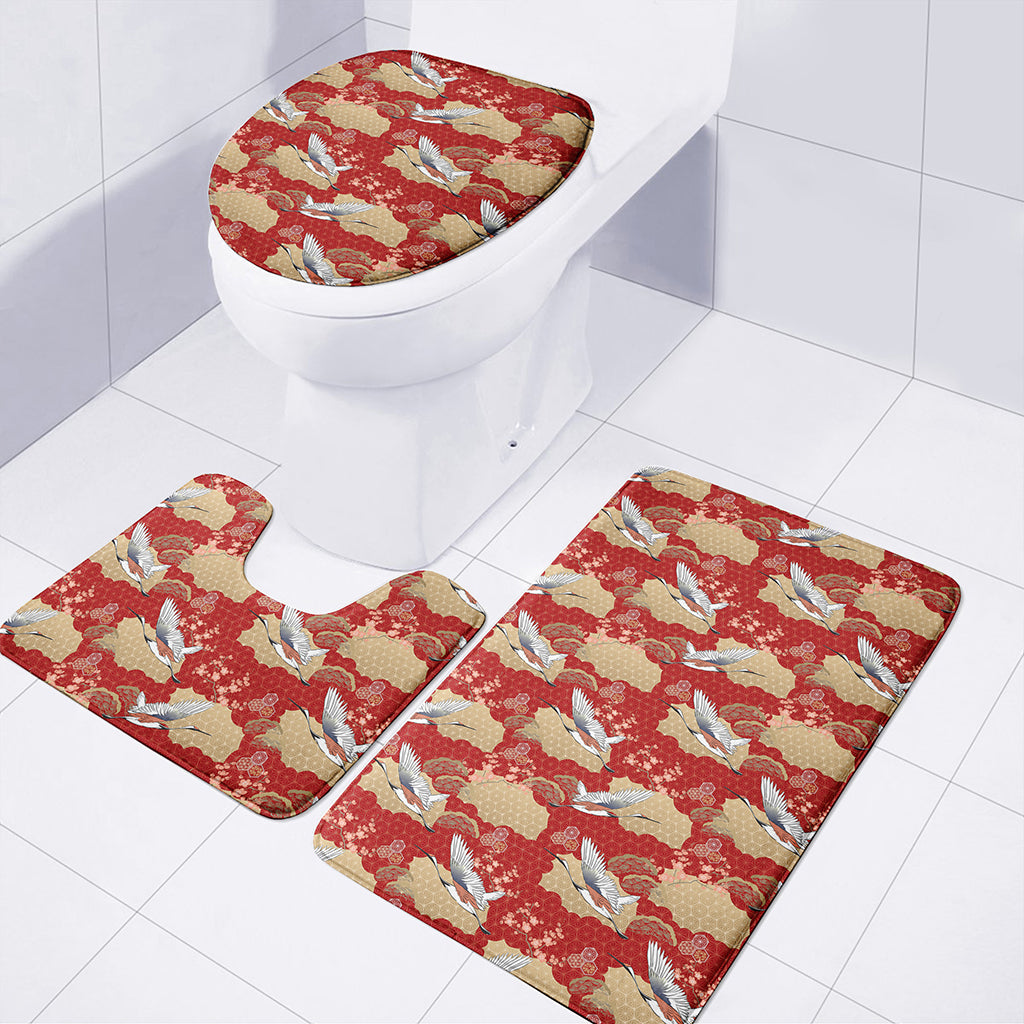 Crane Bird Kimono Pattern Print 3 Piece Bath Mat Set