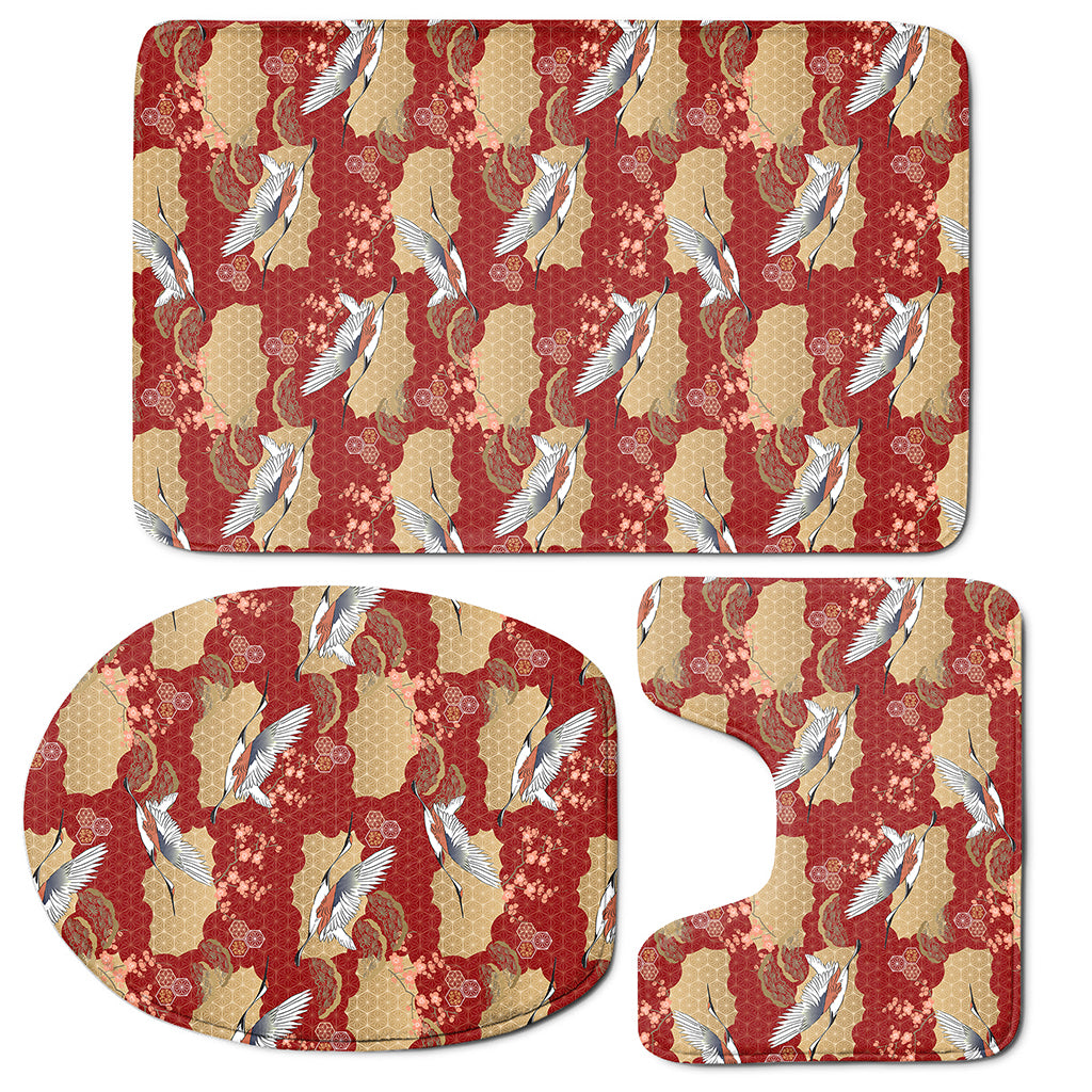 Crane Bird Kimono Pattern Print 3 Piece Bath Mat Set