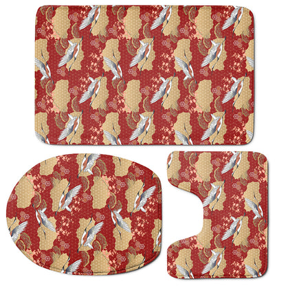 Crane Bird Kimono Pattern Print 3 Piece Bath Mat Set