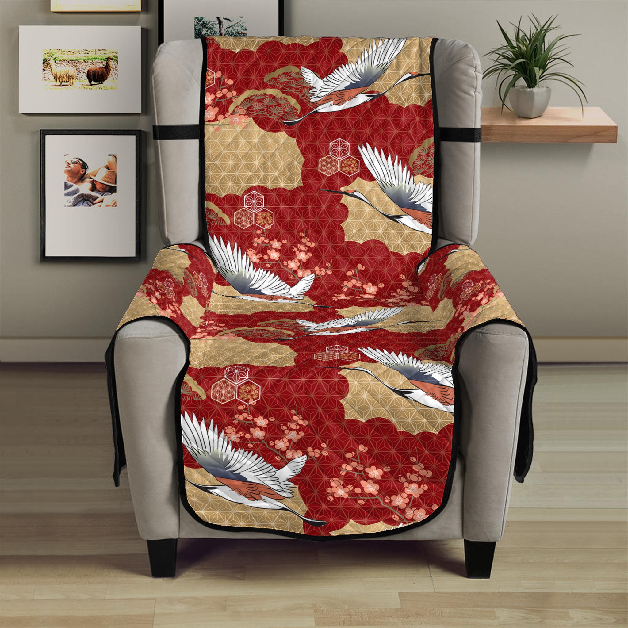 Crane Bird Kimono Pattern Print Armchair Protector