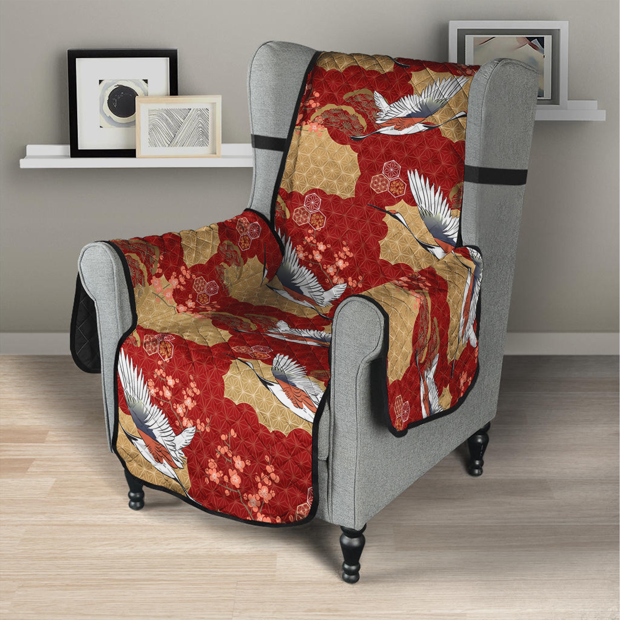 Crane Bird Kimono Pattern Print Armchair Protector