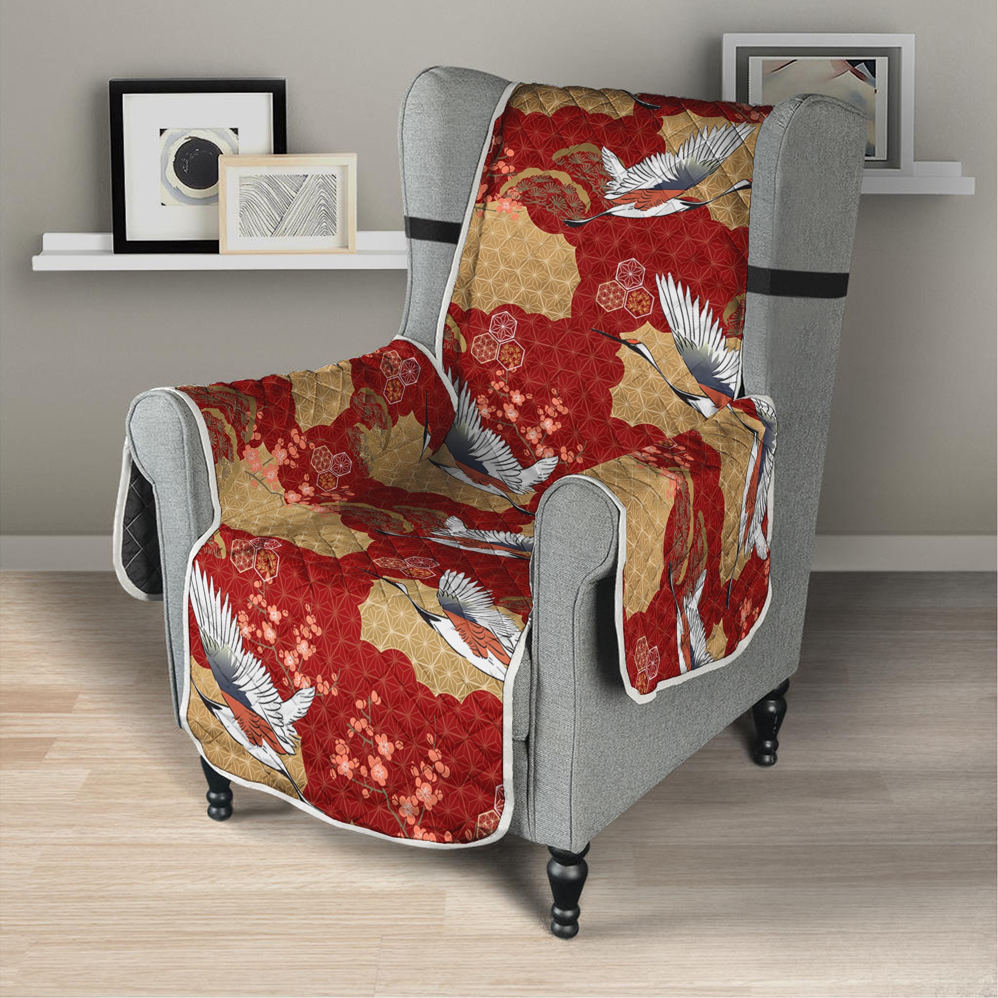 Crane Bird Kimono Pattern Print Armchair Protector