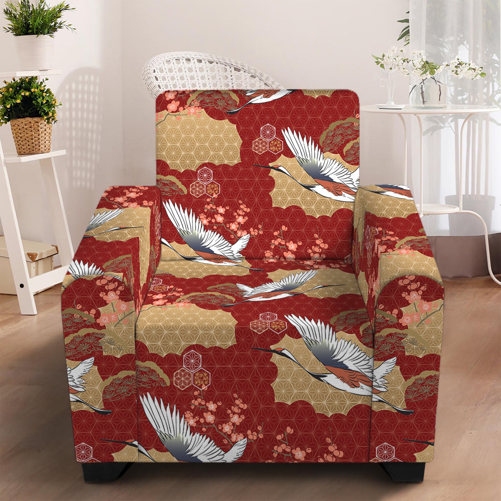 Crane Bird Kimono Pattern Print Armchair Slipcover