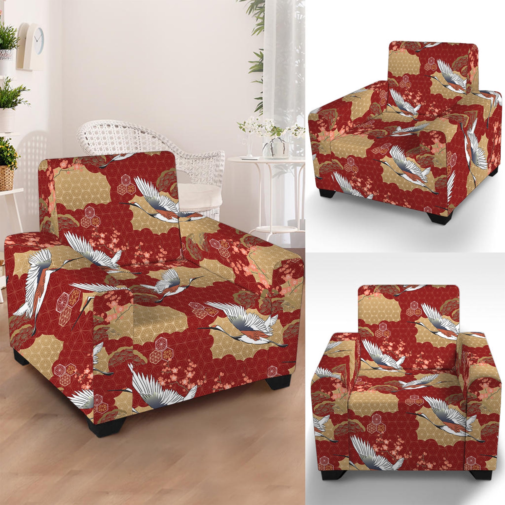 Crane Bird Kimono Pattern Print Armchair Slipcover