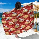 Crane Bird Kimono Pattern Print Beach Sarong Wrap