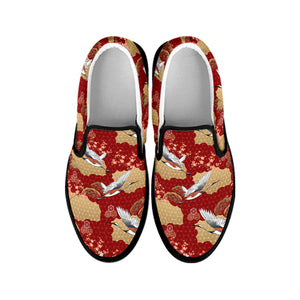 Crane Bird Kimono Pattern Print Black Slip On Shoes