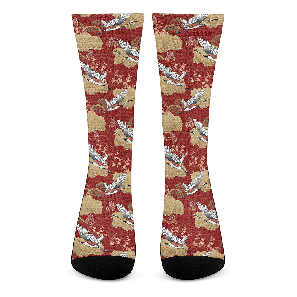 Crane Bird Kimono Pattern Print Crew Socks