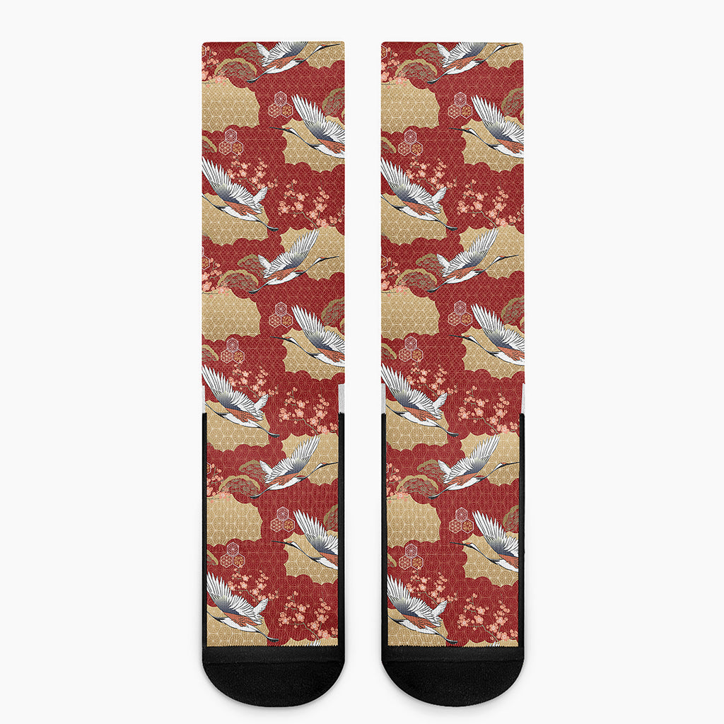 Crane Bird Kimono Pattern Print Crew Socks