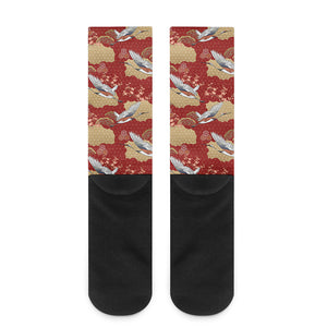 Crane Bird Kimono Pattern Print Crew Socks