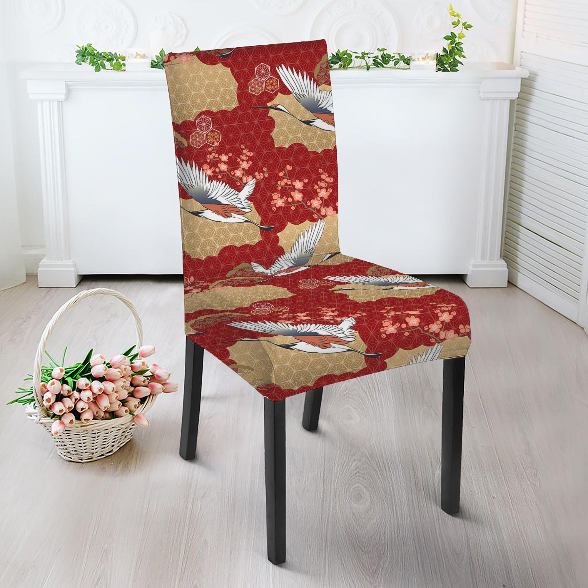 Crane Bird Kimono Pattern Print Dining Chair Slipcover