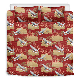 Crane Bird Kimono Pattern Print Duvet Cover Bedding Set