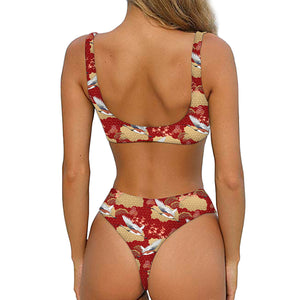 Crane Bird Kimono Pattern Print Front Bow Tie Bikini