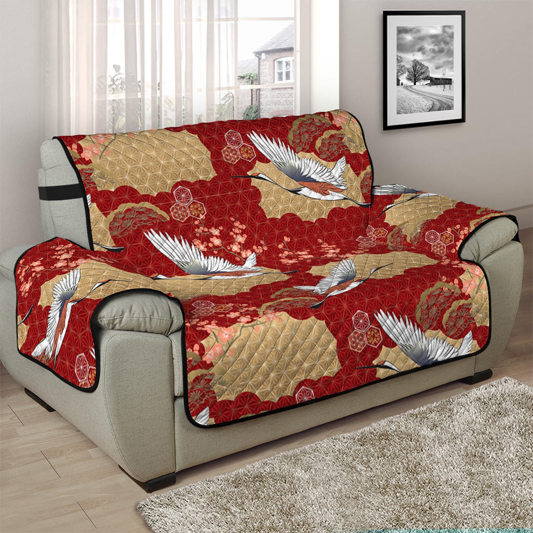 Crane Bird Kimono Pattern Print Half Sofa Protector