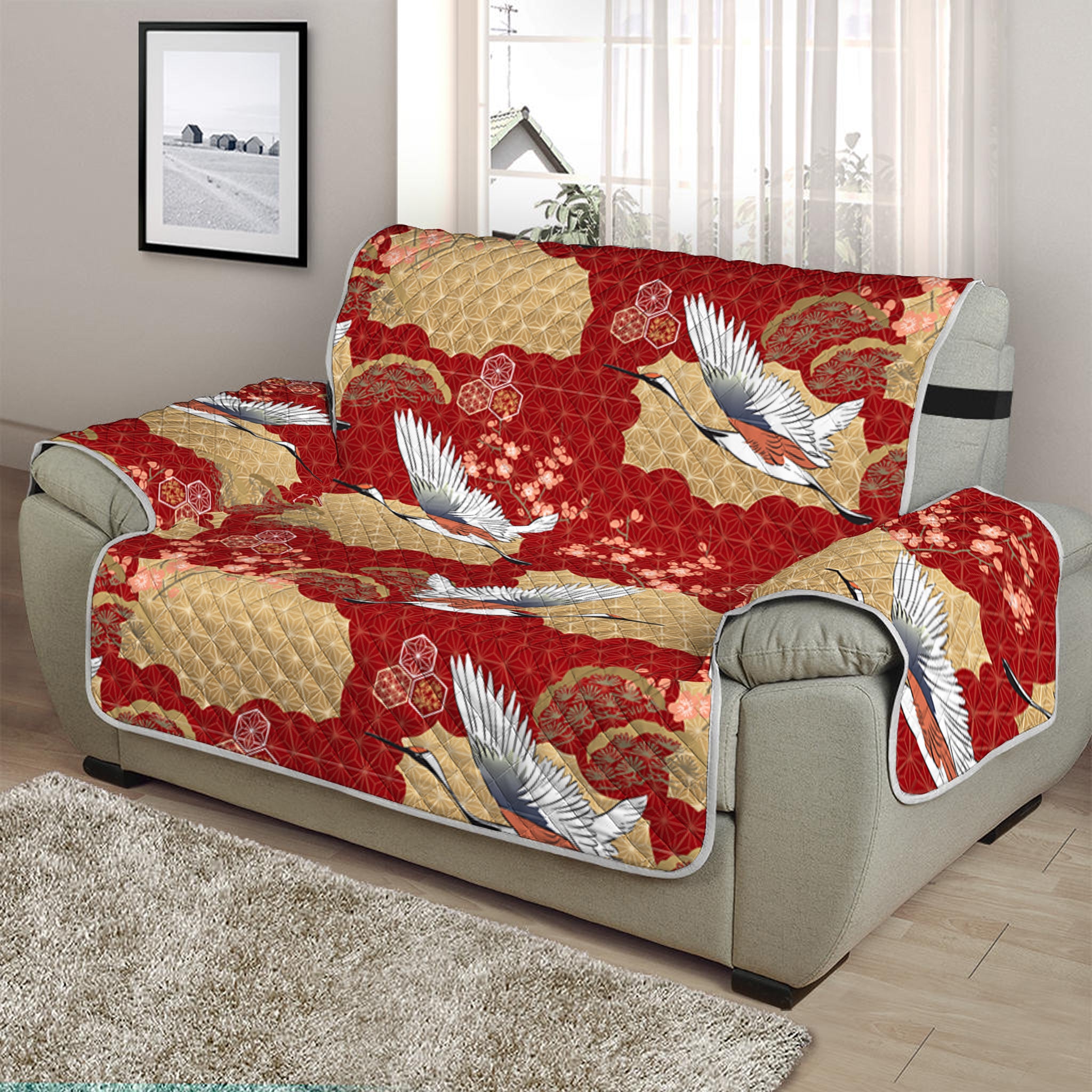 Crane Bird Kimono Pattern Print Half Sofa Protector