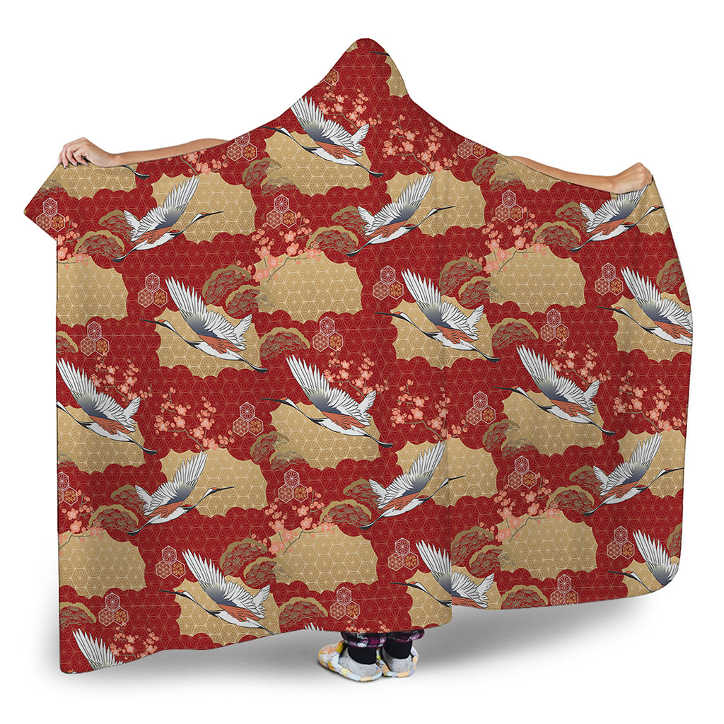 Crane Bird Kimono Pattern Print Hooded Blanket