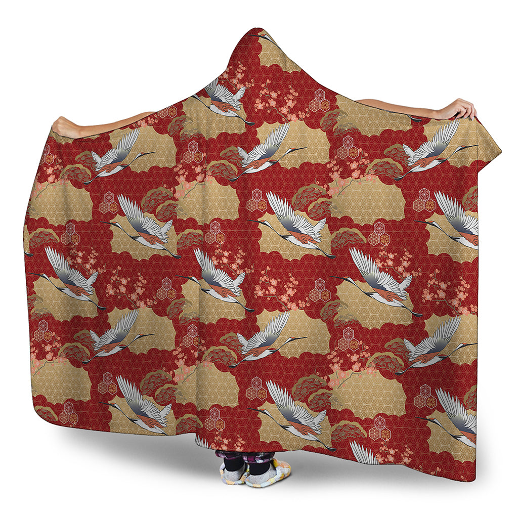 Crane Bird Kimono Pattern Print Hooded Blanket