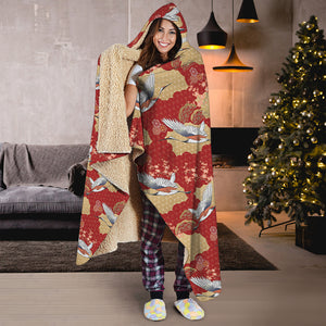 Crane Bird Kimono Pattern Print Hooded Blanket