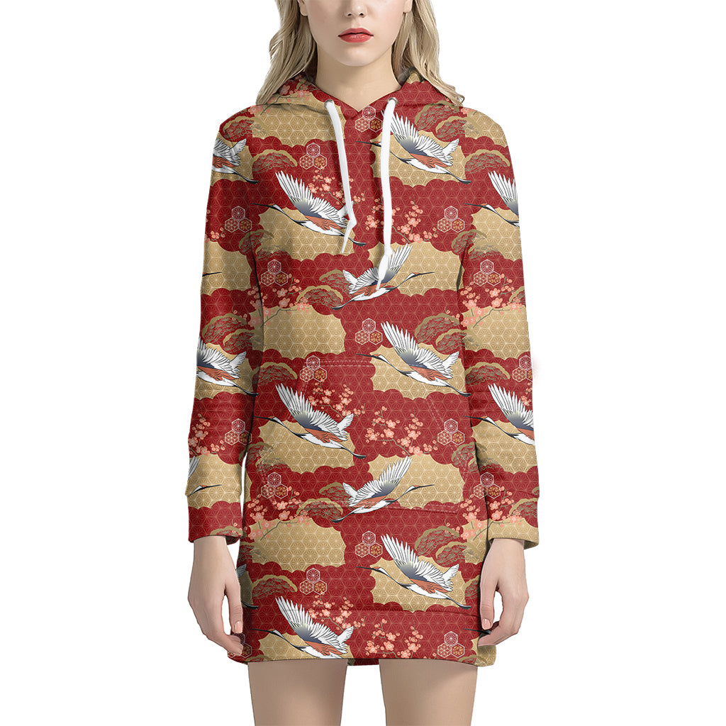 Crane Bird Kimono Pattern Print Hoodie Dress