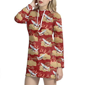 Crane Bird Kimono Pattern Print Hoodie Dress