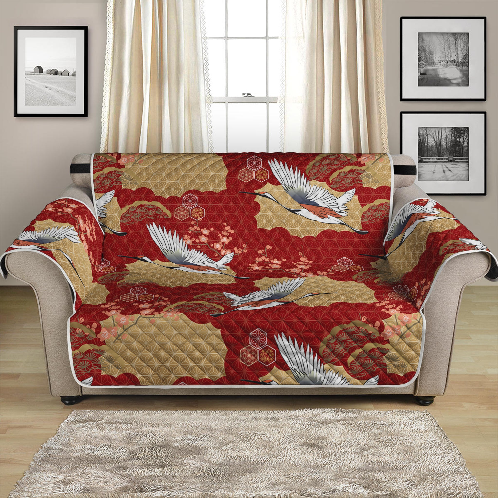 Crane Bird Kimono Pattern Print Loveseat Protector