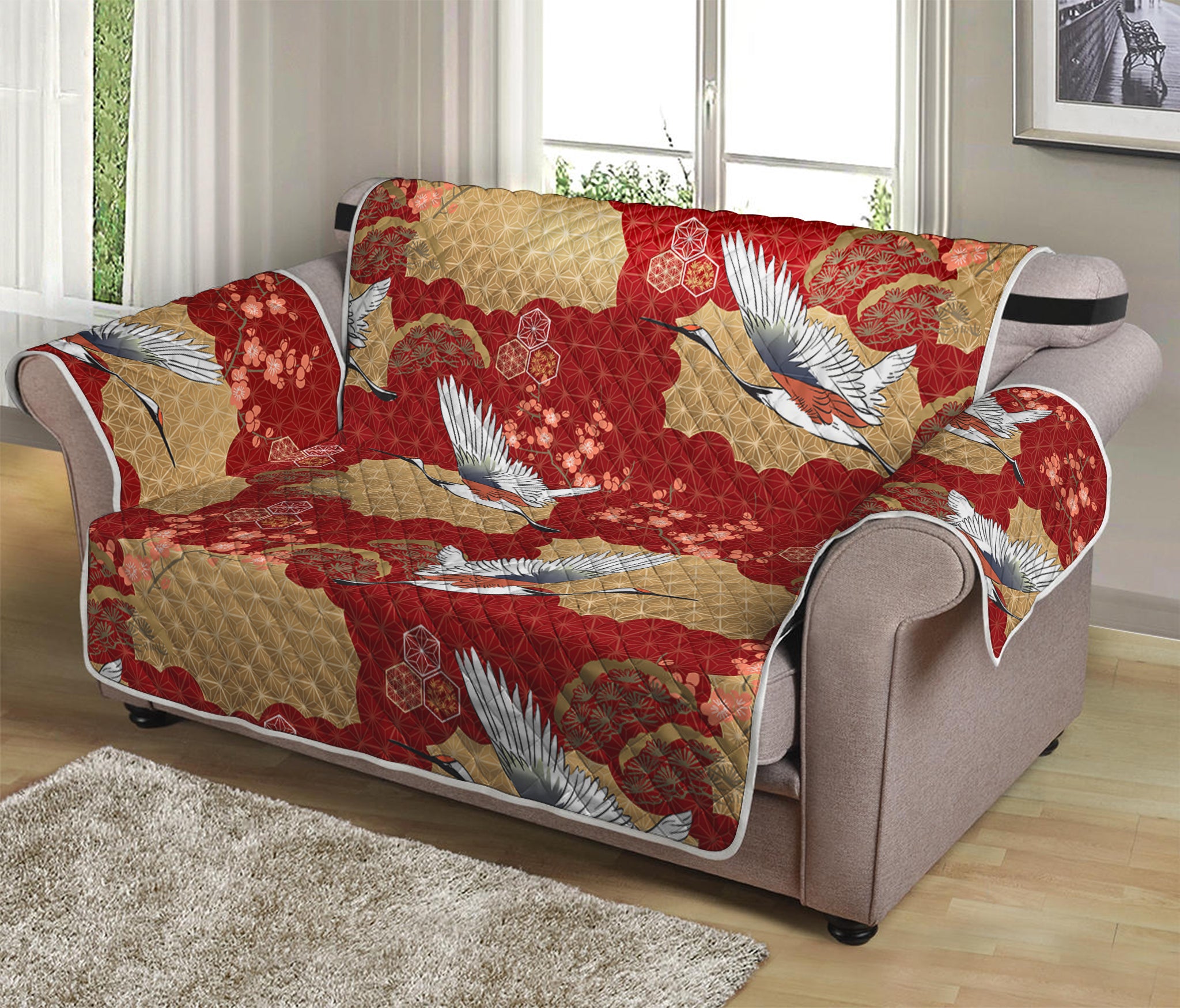 Crane Bird Kimono Pattern Print Loveseat Protector