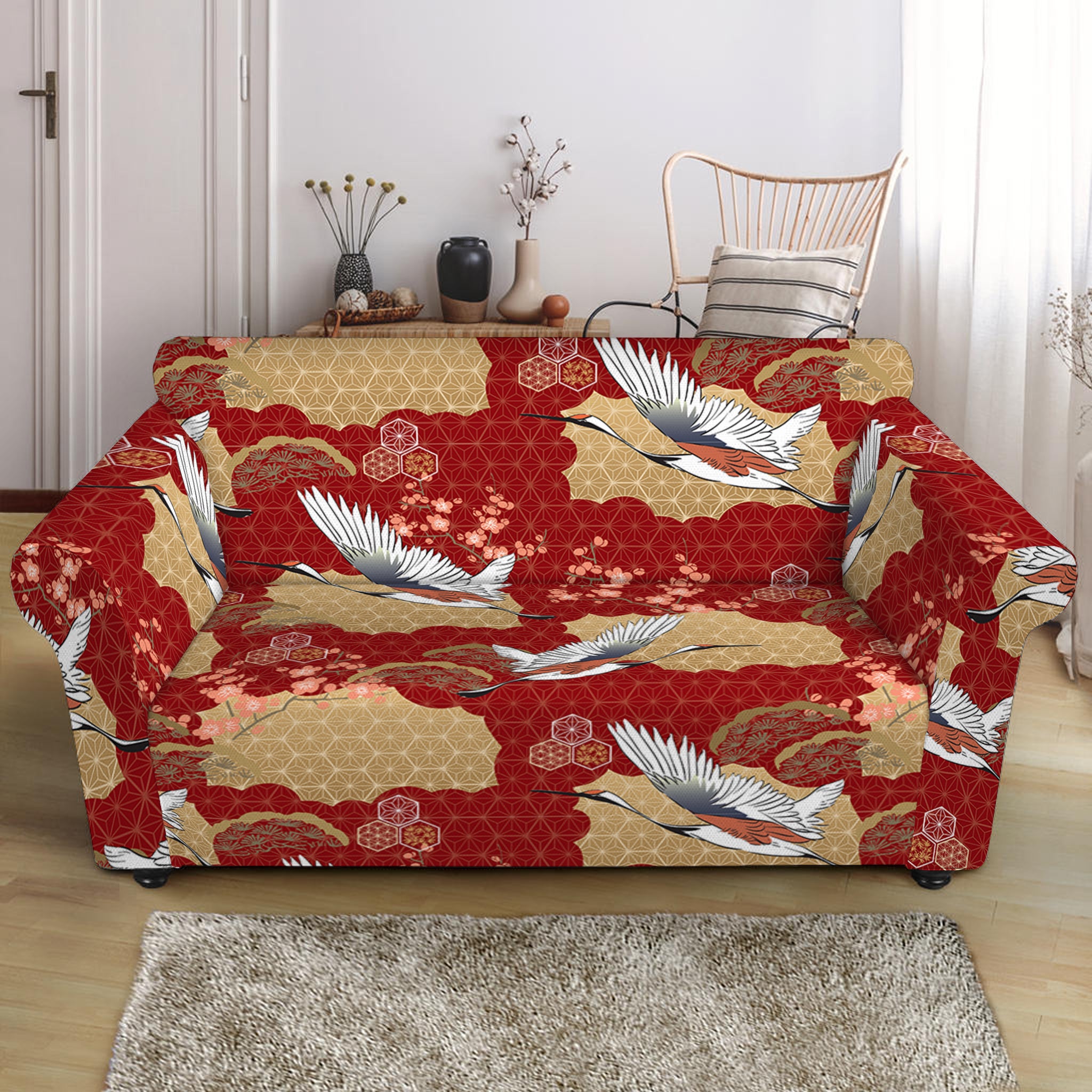 Crane Bird Kimono Pattern Print Loveseat Slipcover