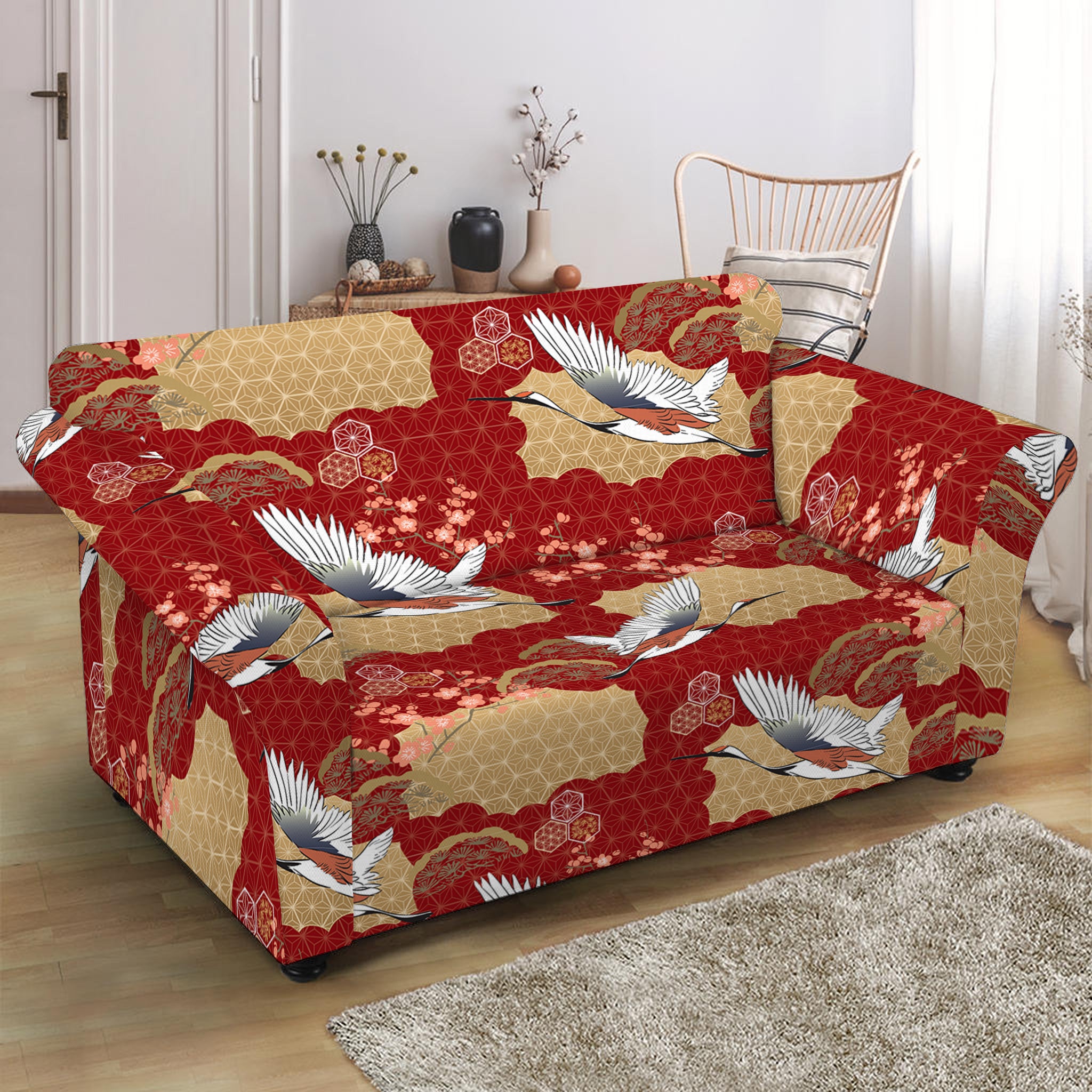 Crane Bird Kimono Pattern Print Loveseat Slipcover